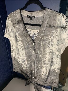 Picadilly Sheer White & Gray Leaf Print Tie-Front Blouse